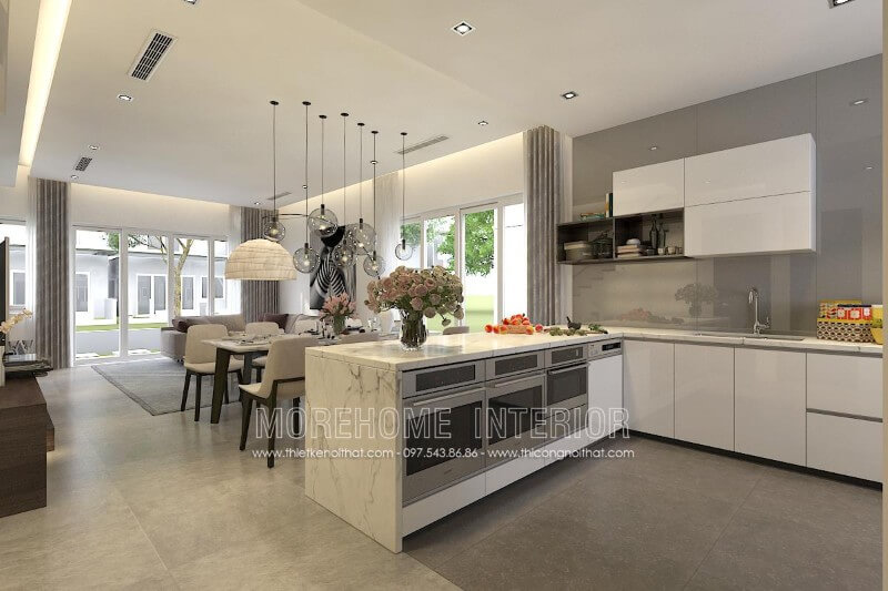 Tủ bếp gỗ Acrylic màu trắng kết hợp với đá ốp bếp màu bóng màu lông chuột tạo nên một không gian bếp thật thông thoáng và tươi mới. Tủ bếp gỗ công nghiệp và tủ bếp acrylic