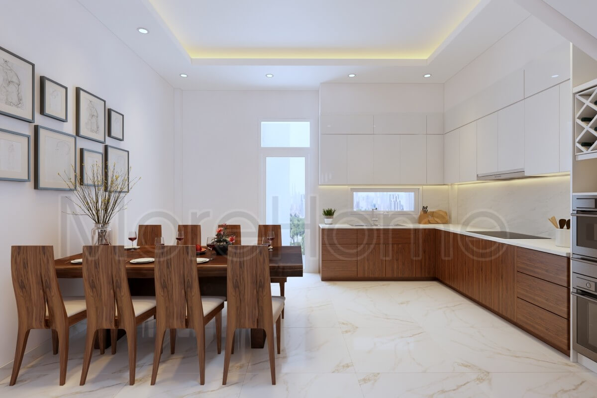 Thiết kế nội thất gỗ phòng ăn liền bếp hiện đại cho nhà phố chung cư, biệt thự. Thiết kế nhà bếp tiện nghi sang trọng