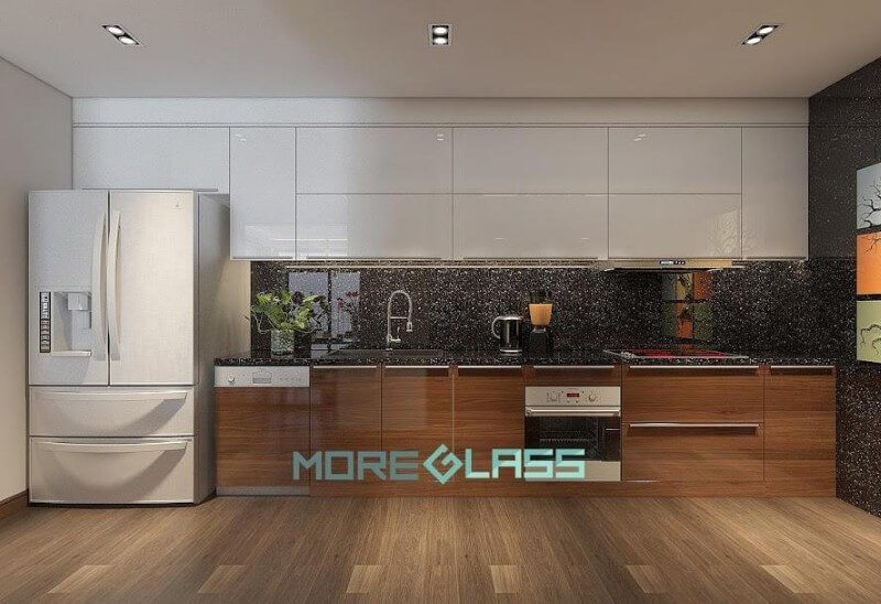Thiết kế, thi công mẫu kính ốp bếp màu đen kim sa sang trọng cho chung cư, biệt thự, nhà phố. Thiết kế nhà bếp tiện nghi sang trọng