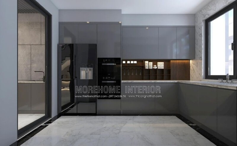 Mẫu tủ bếp gỗ công nghiệp acrylic màu xám đẹp mắt trong trang trí nội thất phòng bếp hiện đại sẽ là lựa chọn khá phù hợp với các không gian như chung cư, biệt thự, nhà phố. Thiết kế và sản xuất tủ bếp đẹp