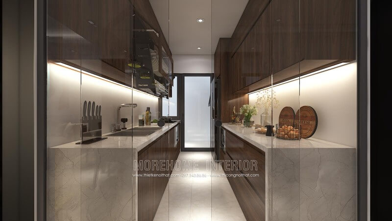 Thiết kế tủ bếp đẹp riêng biệt với khu vực sinh hoạt khác, gia chủ cũng lựa chọn sử dụng kết hợp với cửa kính cường lực giúp cho mùi dầu mỡ không bay ra ngoài ảnh hưởng đến các không gian khác Thiết kế và sản xuất tủ bếp đẹp