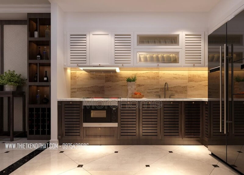 Mẫu tủ bếp chữ i hiện đại kết hợp giữa 2 tone màu nâu trầm và trắng tạo nên nét đẹp hài hòa cho cả không gian Tủ bếp hiện đại, tủ bếp chữ u, tủ bếp chữ i, tủ bếp chữ l