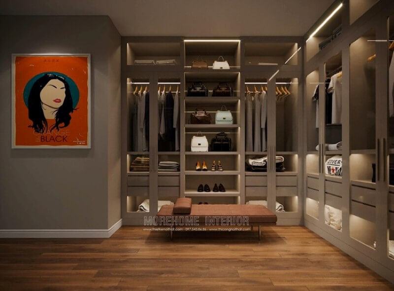 Tủ quần áo đẹp, sang trọng với thiết kế mở từ hệ thống cửa kính trong suốt sẽ lựa chọn thông minh cho phòng thay đồ. Thiết kế nội thất phòng ngủ biệt thự