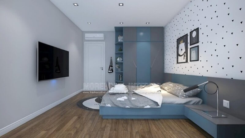 Tủ quần áo gỗ đẹp độc đáo với gam màu nổi bật xanh dương và xám cho phòng bé trai. Thiết kế nội thất phòng ngủ biệt thự