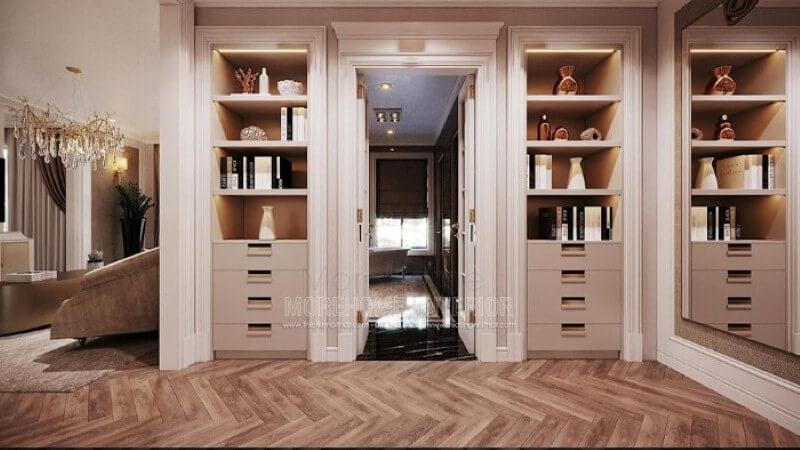 Tủ kệ đựng đồ gỗ tự nhiên đẹp, sang trọng cho phòng ngủ master liền phòng tắm. Thiết kế nội thất phòng ngủ biệt thự