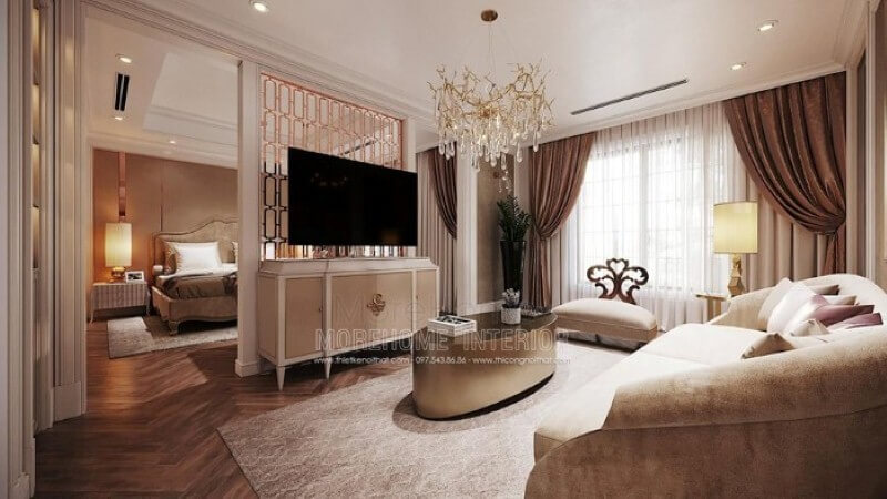 Thiết kế nội thất phòng ngủ master có không gian giải trí đẹp, sang trọng. Thiết kế nội thất phòng ngủ biệt thự