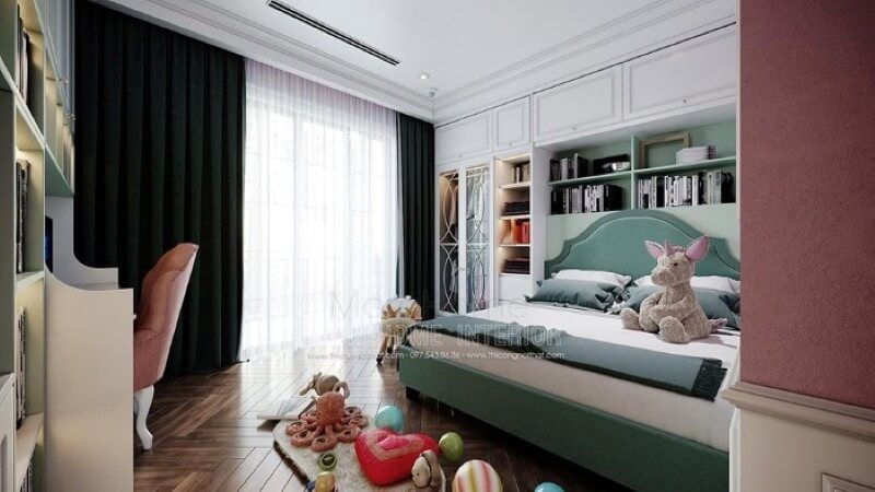 Bố trí nội thất phòng ngủ con gái ấn tượng với bố trí giường ngủ, kệ tủ trang trí khoa học giúp không gian thông thoáng tối đa nhưng vẫn đảm bảo công năng, tính thẩm mỹ. Thiết kế nội thất phòng ngủ biệt thự
