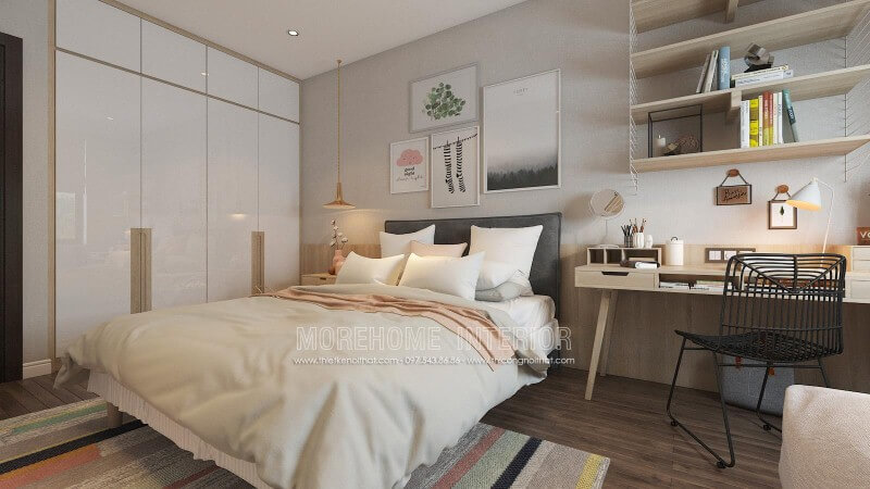 Bàn làm việc cùng kệ trang trí gỗ sồi màu sáng tạo nên góc học tập, làm việc hiện đại, trẻ trung cho phòng ngủ con. Thiết kế nội thất phòng ngủ biệt thự