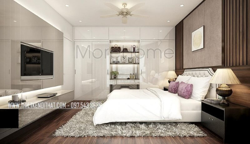 Tủ quần áo hiện đại vừa làm bàn trang điểm vừa để đồ trang trí vừa tận dụng không gian để quần áo với cửa 4 cánh cùng hệ tủ để đồ trên khá ngăn nắp giúp phòng ngủ trở nên gọn gàng, đẹp nhưng vẫn toát lên vẻ sang trọng, độc đáo. Thiết kế nội thất phòng ngủ biệt thự