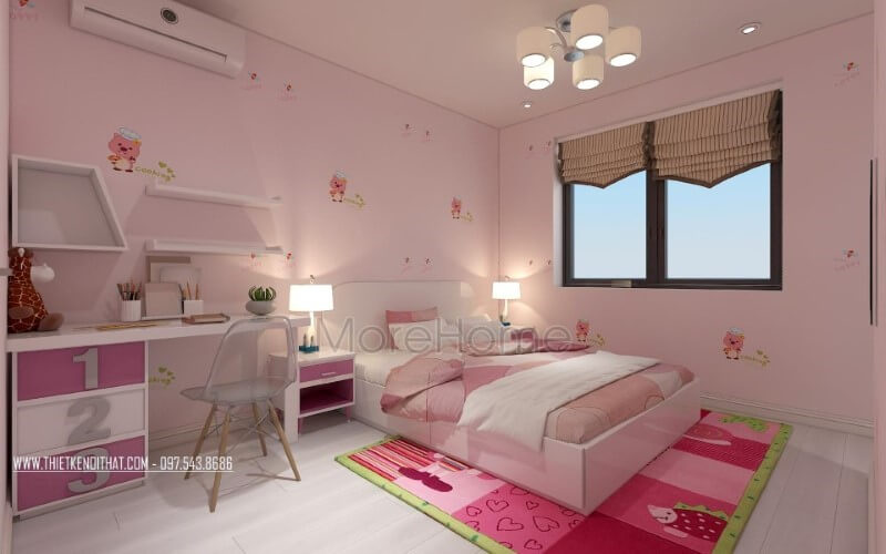Thiết kế phòng ngủ con gái đẹp, đáng yêu từ sắc hồng điểm nhấn. Thiết kế nội thất phòng ngủ biệt thự