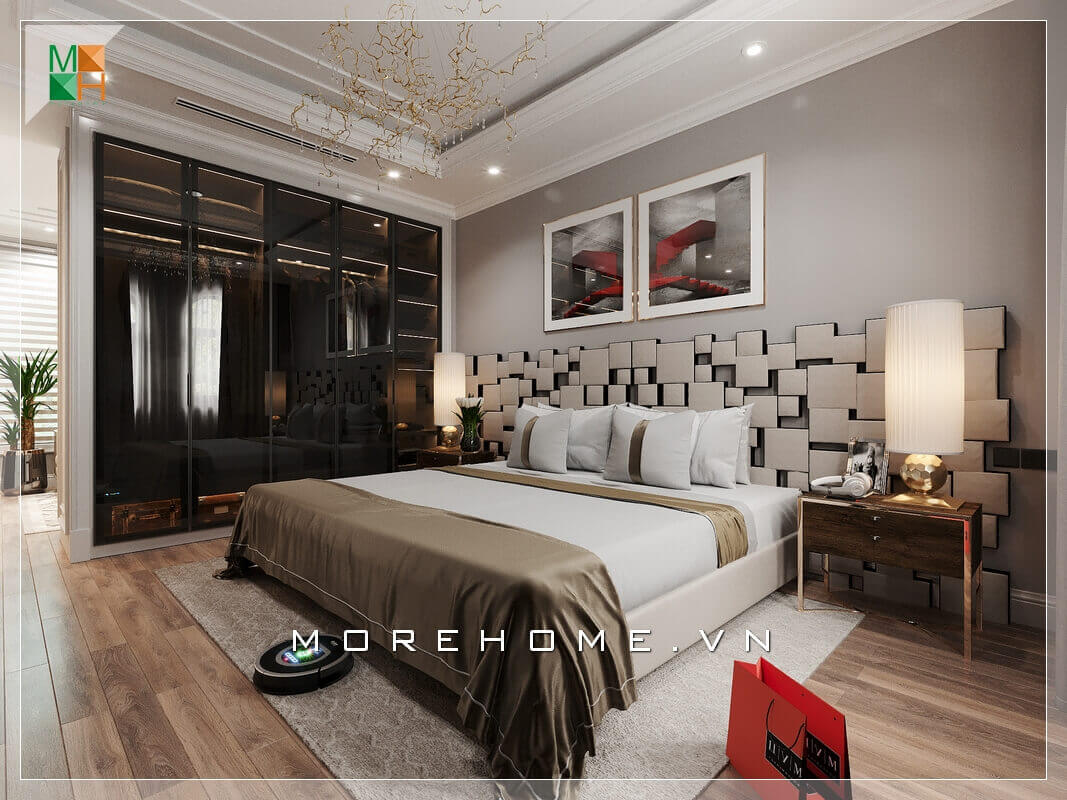 Xen lẫn giữa căn phòng ngủ hiện đại là chiếc tủ quần áo âm tường cánh kính màu đen sang trọng, hiện đại. Thiết kế nội thất phòng ngủ biệt thự