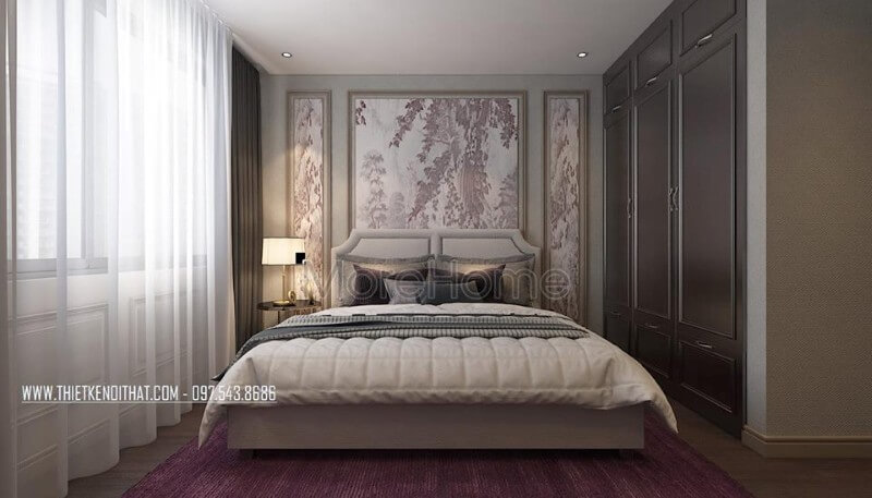Thiết kế phòng ngủ con khá đơn giản với mẫu giường gỗ công nghiệp, mảng tường đầu giường được dán giấy dán tường hoa màu tím nhạt tạo sự hài hòa, và nhẹ nhàng Mẫu nội thất chung cư tân cổ điển