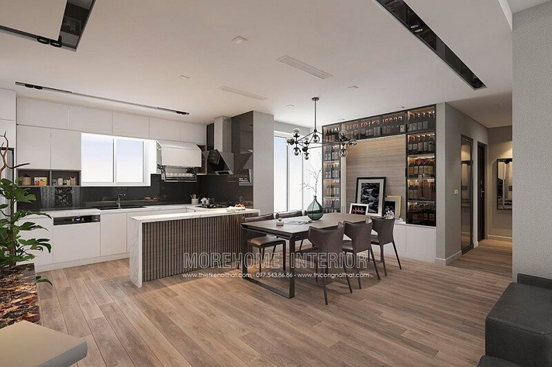 Thiết kế phòng bếp chung cư hiện đại với hệ tủ bếp acrylic thông minh cùng bộ bàn ăn gỗ cao cấp được nhiều gia chủ yêu thích và hướng đến Thiết kế phòng bếp, tủ bếp đẹp
