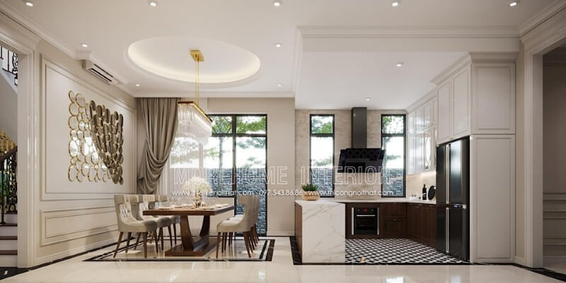 Trang trí nội thất mở sang trọng từ phòng ăn liền bếp không vách ngăn. Thiết kế phòng bếp, tủ bếp đẹp