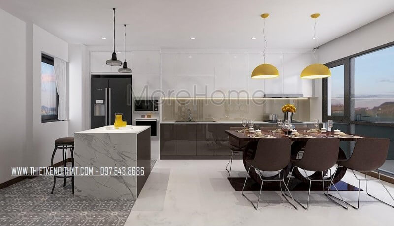 Tủ bếp đảo gỗ công nghiệp hiện đại lồng được bố trí khá đặc biệt với đảo bếp thiết kế theo cạnh chữ L với tủ bếp và nhường chỗ cho bộ bàn ghế ăn vừa tạo nên sự tiện nghi vừa mang lại không gian hài hòa, đẹp mắt, sang trọng. Thiết kế phòng bếp, tủ bếp đẹp