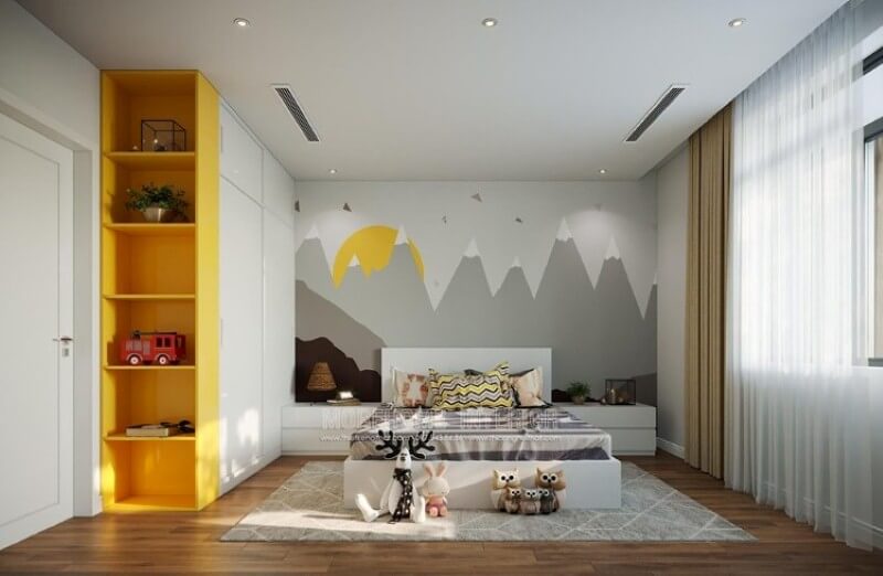 Tranh dán tường mặt trời màu vàng nổi bật giúp không gian phòng bé trở nên sinh động và độc đáo. Mẫu nội thất biệt thự đẹp