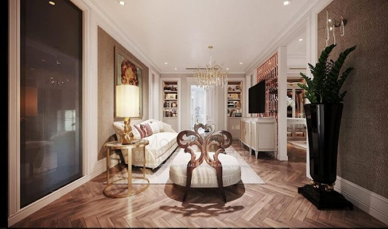 Sắp xếp nội thất phòng ngủ master tân cổ điển cao cấp có phòng giải trí ấn tượng tại biệt thự Hải Phòng. Mẫu nội thất biệt thự đẹp