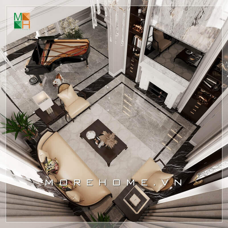 Mẫu thiết kế phòng khách cao cấp, đặt piano ngay trong phòng khách là sự lựa chọn của nhiều gia đình làm tăng thêm vẻ sang trọng cho không gian phòng khách đẹp. Mẫu nội thất biệt thự đẹp