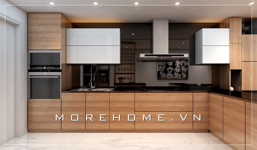 Mẫu tủ bếp gỗ công nghiệp tông màu nâu sáng, mặt tủ ốp đá bếp màu đen cao cấp mang đến căn bếp sạch sẽ và tiện nghi nhất cho người nội trợ Tủ bếp đẹp