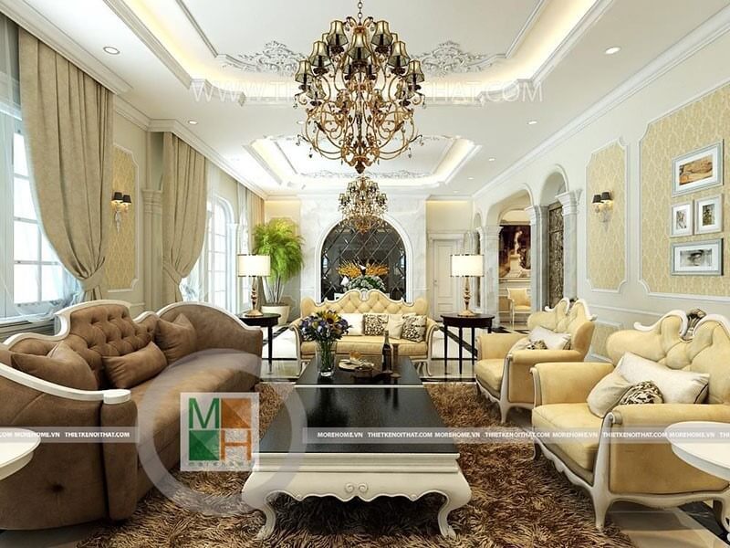 Mẫu sofa phòng khách bọc nỉ tân cổ điển với đường cong thân ghế ấn tượng, nổi bật tạo điểm nhấn cho căn phòng