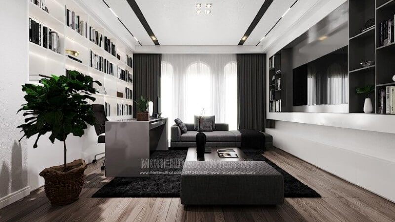Trang trí nội thất phòng sách, phòng làm việc tại nhà đẹp với bộ sofa bọc vải cao cấp