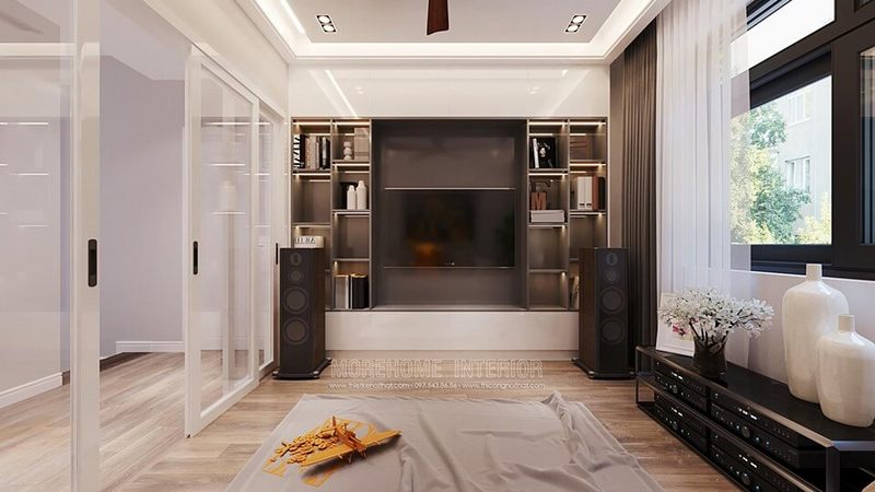 Mẫu kệ trang trí gỗ gắn liền kệ tivi đẹp hiện đại