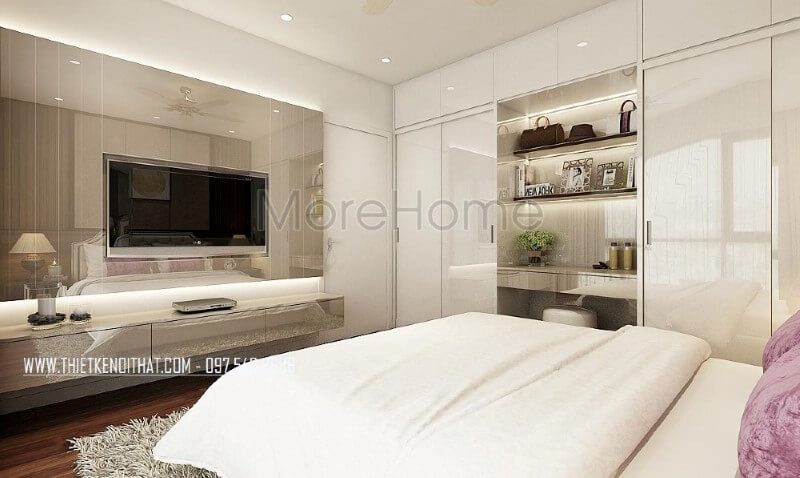 Kệ trang trí gỗ công nghiệp nhưng đẹp, sang trọng lựa chọn ấn tượng cho phòng ngủ master hiện đại.