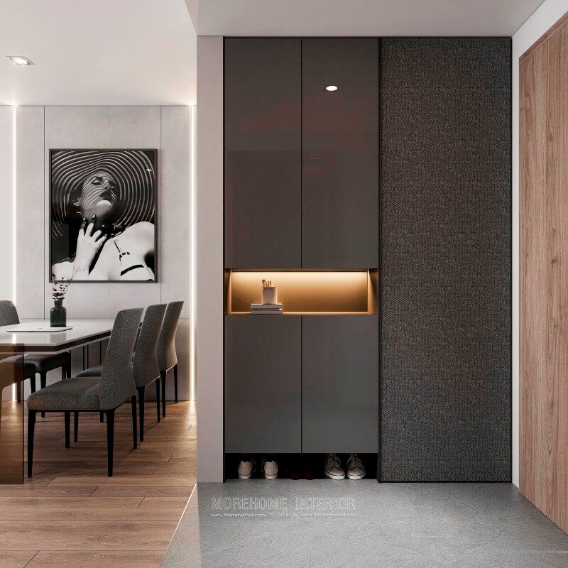 Mẫu tủ giày thông minh kết hợp với tủ trang trí với thiết kế đep mắt