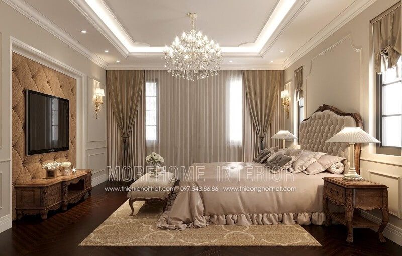 Trang trí nội thất phòng ngủ biệt thự đẹp với chiếc táp đầu giường gỗ óc chó tân cổ điển 1 ngăn tinh tế