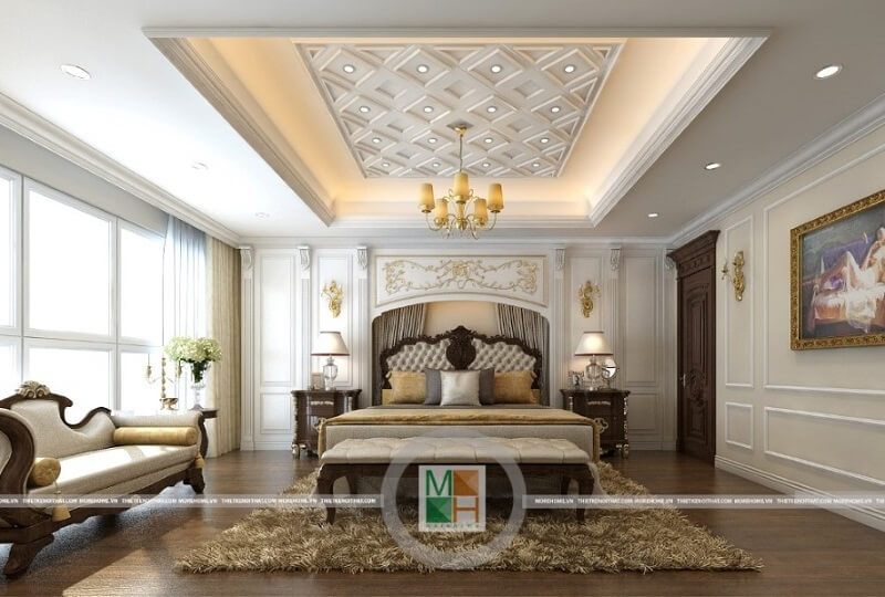 Để phòng ngủ thêm phần sang trọng và lôi cuốn, gia chủ có thể kết hợp ốp sàn gỗ cho phòng ngủ, đèn trang trí, ghế sofa, tạp đầu giường để làm nổi bật căn phòng.