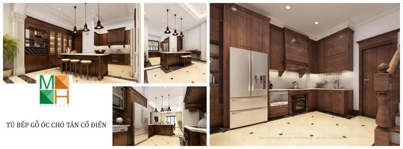 Thiết kế tủ bếp gỗ óc chó tân điển kết hợp quầy bar là sản phẩm điển hình của Nội thất Morehome trong lĩnh vực thiết kế không gian bếp.