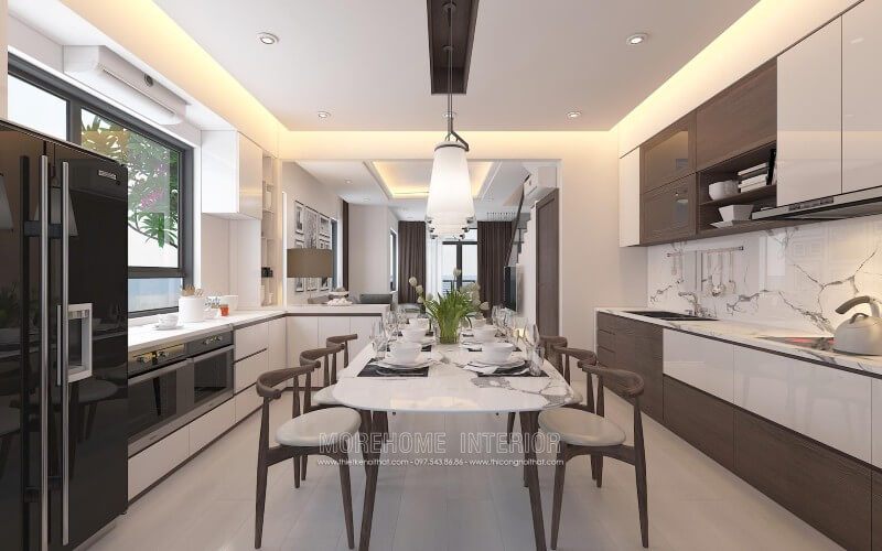 Mẫu tủ bếp gỗ An Cường với gam màu trắng chủ đạo mang lại không gian nhà bếp trẻ trung, thoải mái và đầy sang trọng