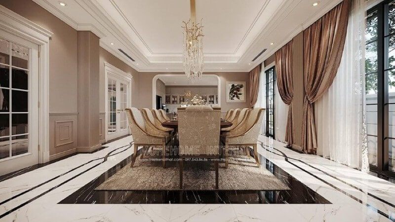Thiết kế nội thất phòng ăn đẹp ấn tượng với đồ nội thất cao cấp và cách phối màu khéo léo tạo nên vẻ đẹp tinh tế cho toàn bộ không gian.