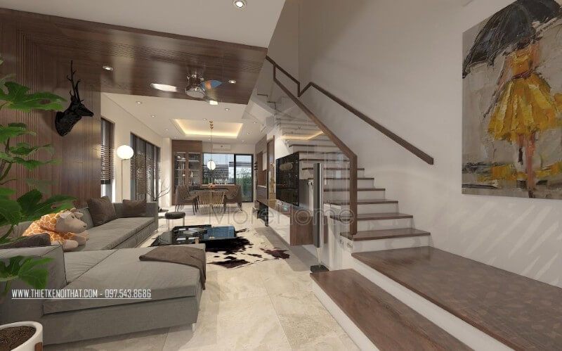 Sự kết hợp hài hòa giữa ánh sáng tự nhiên và ánh sáng nhân tạo giúp mang lại sự hài hòa và cân bằng cho thiết kế cũng như tạo độ thoáng hơn cho căn biệt thự hẹp về chiều ngang này