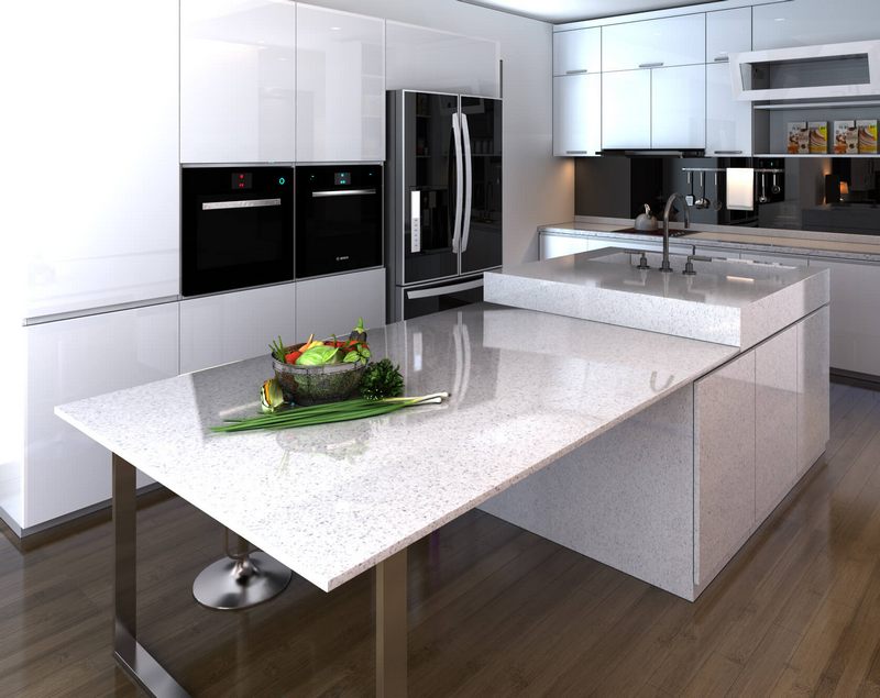 Đá ốp đảo bếp đá nhân tạo với khả năng uốn cong sử dụng tiện nghi thoải mái không gian gọn gàng ngăn nắp mang tới thẩm mỹ cao.