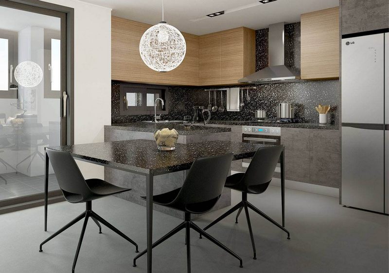 Thi công ốp đá nhân tạo solid surface đồng bộ màu của mặt bếp, tường bếp, bàn ăn