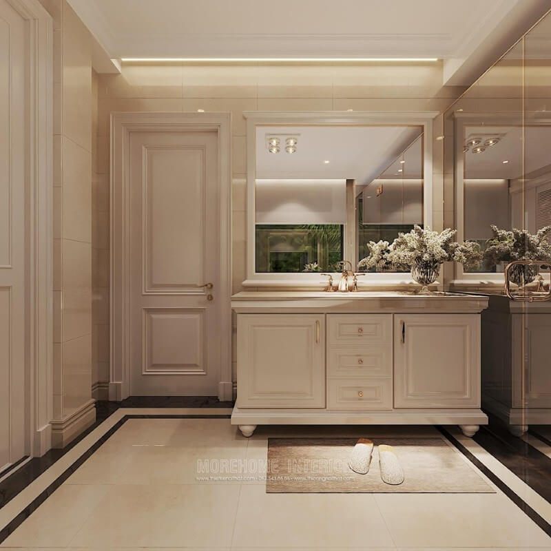 Gương tắm hình vuông có viền gỗ đẹp và sang trọng.