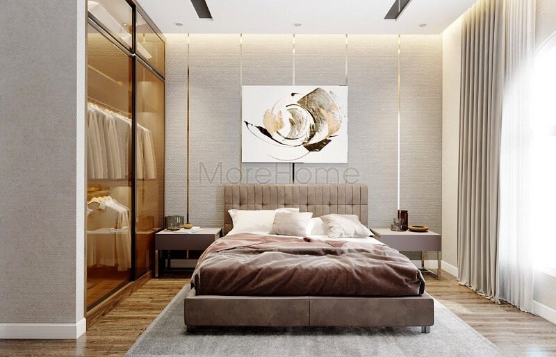 Một mẫu thiết kế phòng ngủ đẹp sẽ bao gồm các đồ nội thất hiện đại như giường ngủ, tủ quần áo âm tường, tap đầu giường kết hợp với giấy dán tường và tranh trang trí đẹp mắt.