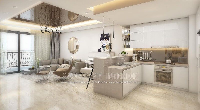Ý tưởng thiết kế mẫu tủ bếp chung cư bằng gỗ Acrylic màu trắng chủ đạo kết hợp với đá ốp bếp nhân tạo solid surface LG sẽ tạo nên một không gian bếp hiện đại và sang trọng.